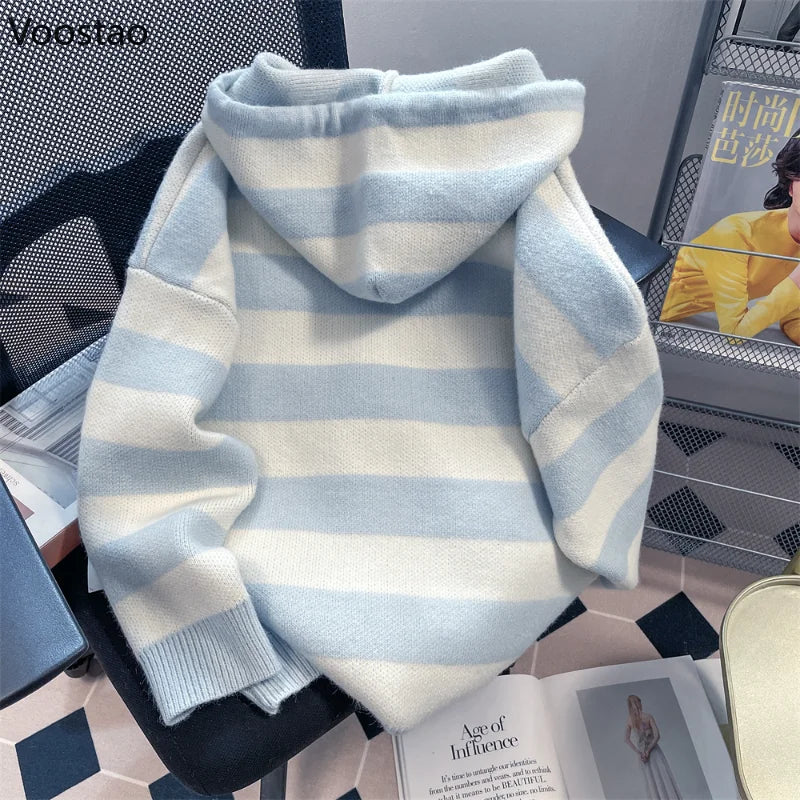 Spring Autumn Casual Cartoon Embroidery Striped Hooded Sweater Women Sweet Knitted Cardigan Coat Japanese Girls Loose Knitwear
