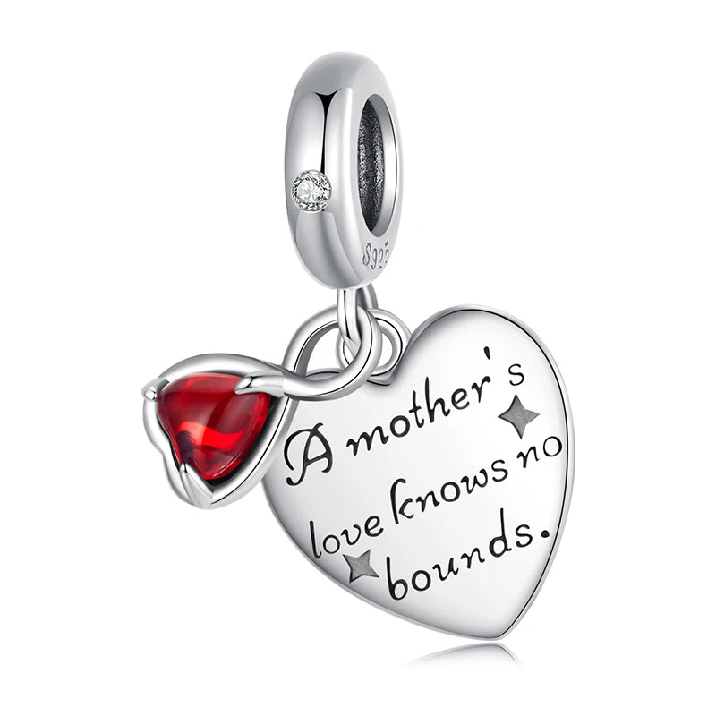 WOSTU Mother Day Gift 925 Sterling Silver Baby Foot Charm Letter Mom Love Beads Red Heart Pendant Fit DIY Bracelet Necklace