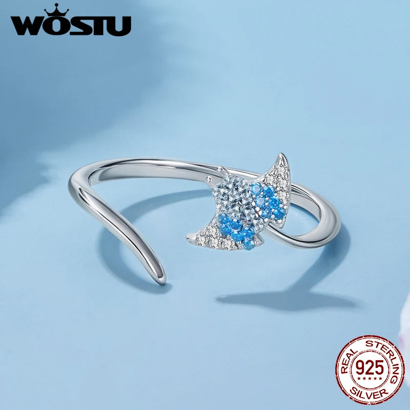 WOSTU Ocean Jewelry 925 Sterling Silver Starfish Turtle Open Ring Women Blue Conch Manta Fish Stackable Rings Holiday Beach Wear