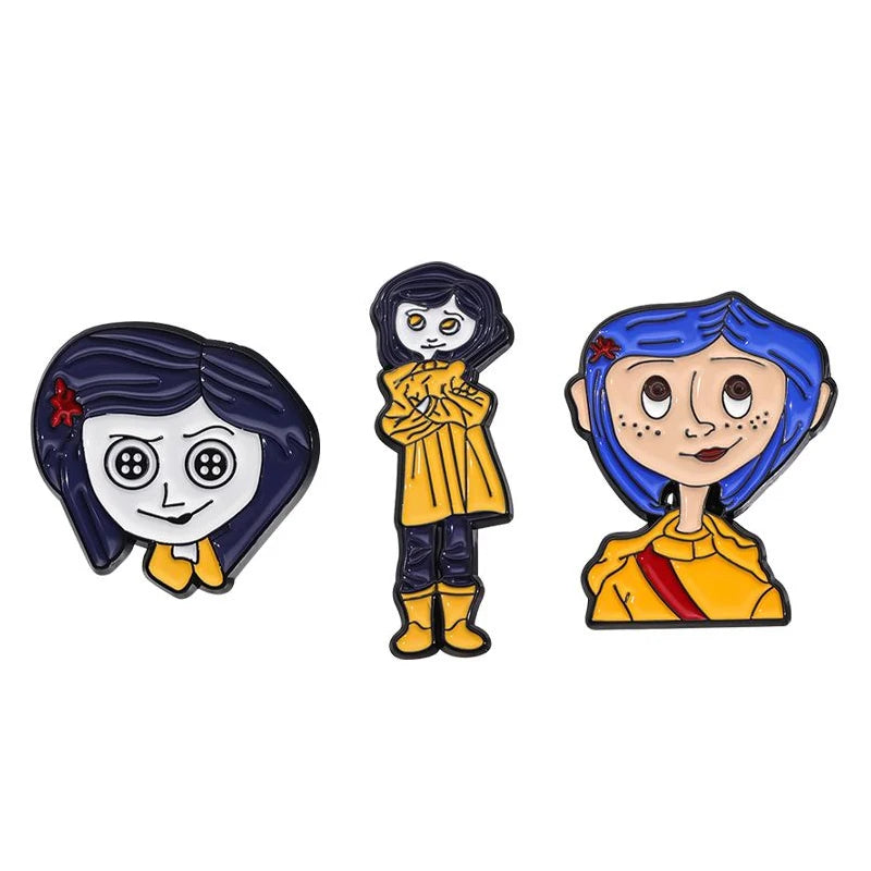 Horror Animated Films Coraline Doll Enamel Pins Cartoon Character Role Brooch Lapel Badge Punk Halloween Jewelry Gift for Friend