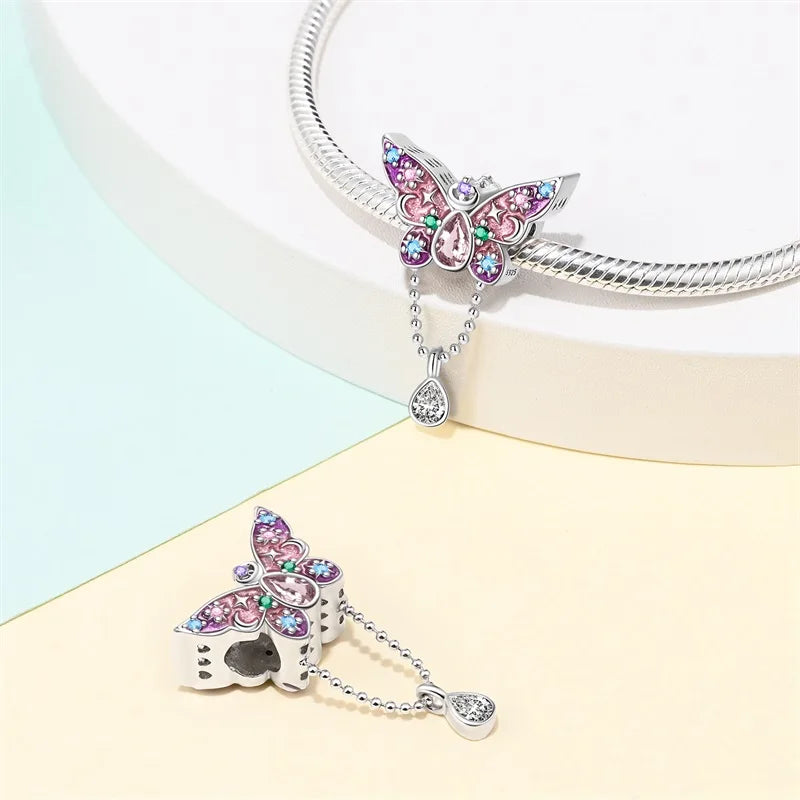 Springtime 925 Silver Gem Butterfly Dragonfly Flowers Charms Pendant Fit Pandach 925 Original Bracelets DIY Little Fresh Jewelry