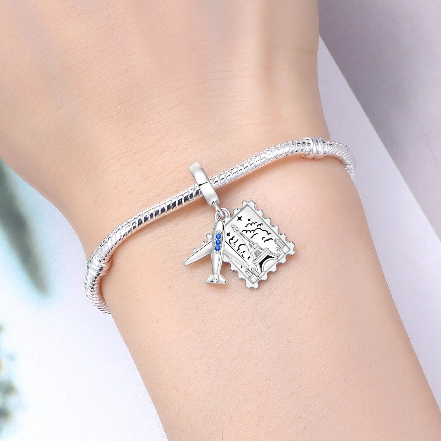 PANPOKI 925 Sterling Silver Eiffel Tower Stamp Airplane Beads Original Pendants Bracelet Charm Jewelry Party DIY Trendy Gifts