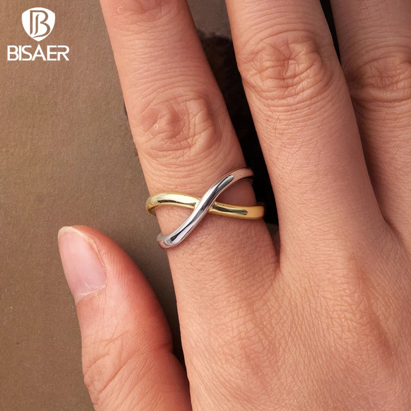 BISAER 925 Sterling Silver Two-tones Cross X Open Ring Minimalist Stackable Eternity Band Plated Gold for Women Fine Jewelry