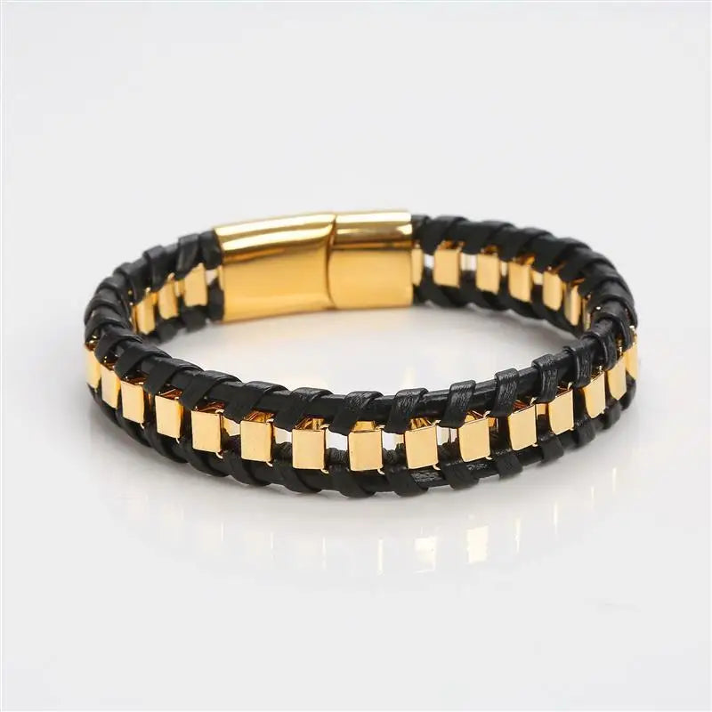 Jiayiqi Punk Men Jewelry Black Braided Leather Bracelet Stainless Steel Magnetic Clasp Fashion Bangles Wholesale Customize