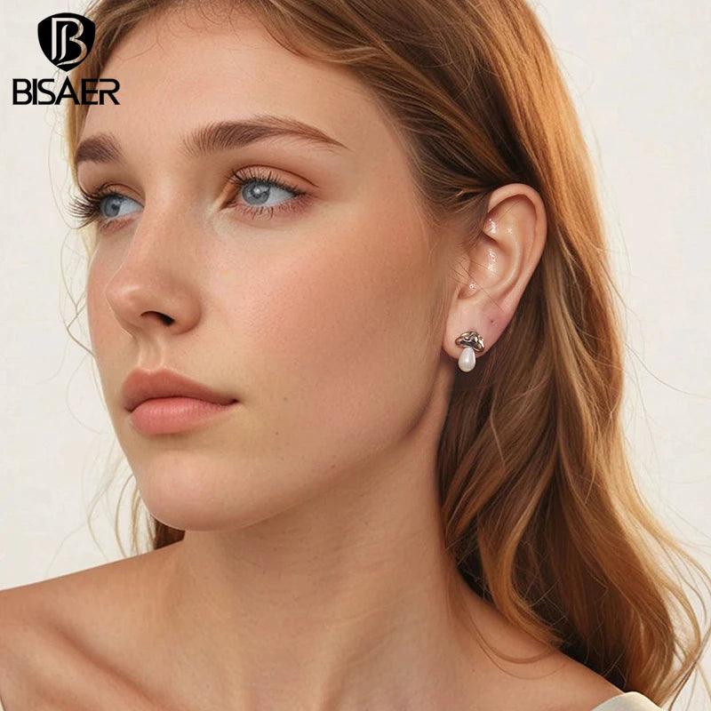 BISAER 100% 925 Sterling Silver Cute Mushroom Stud Earrings Pearl Stud Ear Plaqué Or Blanc Pour Femmes Fête Fine Jewelry Cadeau