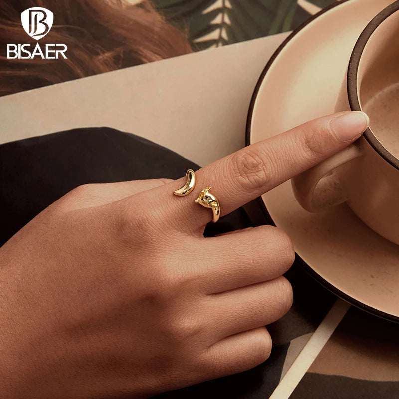 BISAER 925 Sterling Silver Cute Fox Open Ring Smart Animals Band Adjustable Size 5-9 Plated Gold for Women Party Fine Jewelry
