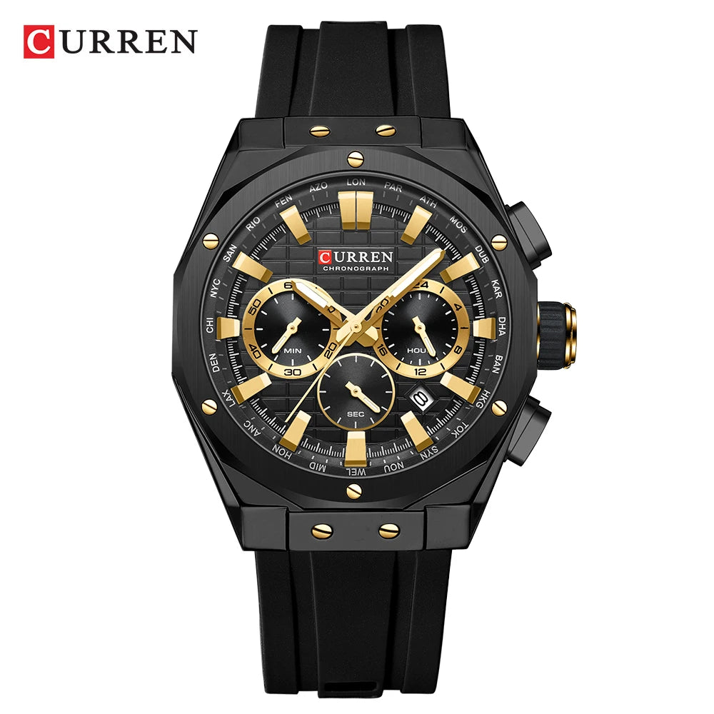CURREN Casual Sports Quartz Watches for Men Silicone Band Business Chronograph Wristwatch with Date