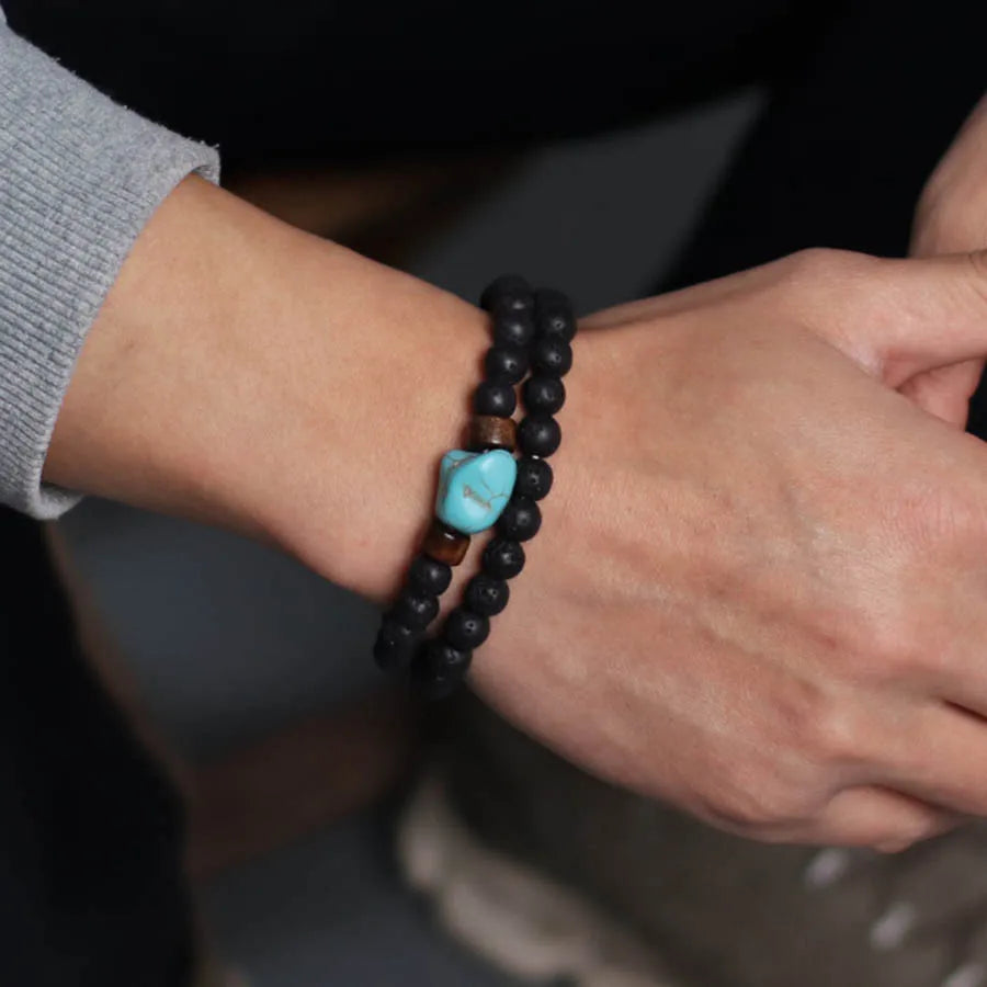 Stylish 2Pcs Men Bracelet Set Irregular Natural Turquoise Stone Strand Braslet Volcanic Rock Healing Braclet Leisure Pulseira