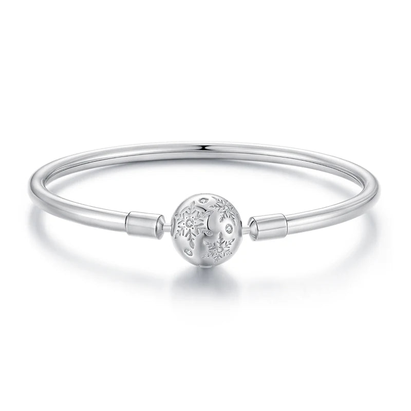WOSTU 925 Sterling Silver Snowflake Bangle Bracelet With Zircon , Snake Chain Bangles Fit DIY Charms Valentine Xmas Jewelry Gift