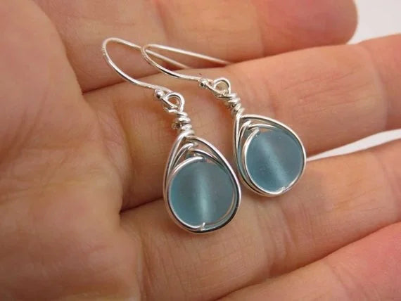Sterling silver seaglass earrings light blue herringbone wire wrapped cultured sea glass beads argentium silver