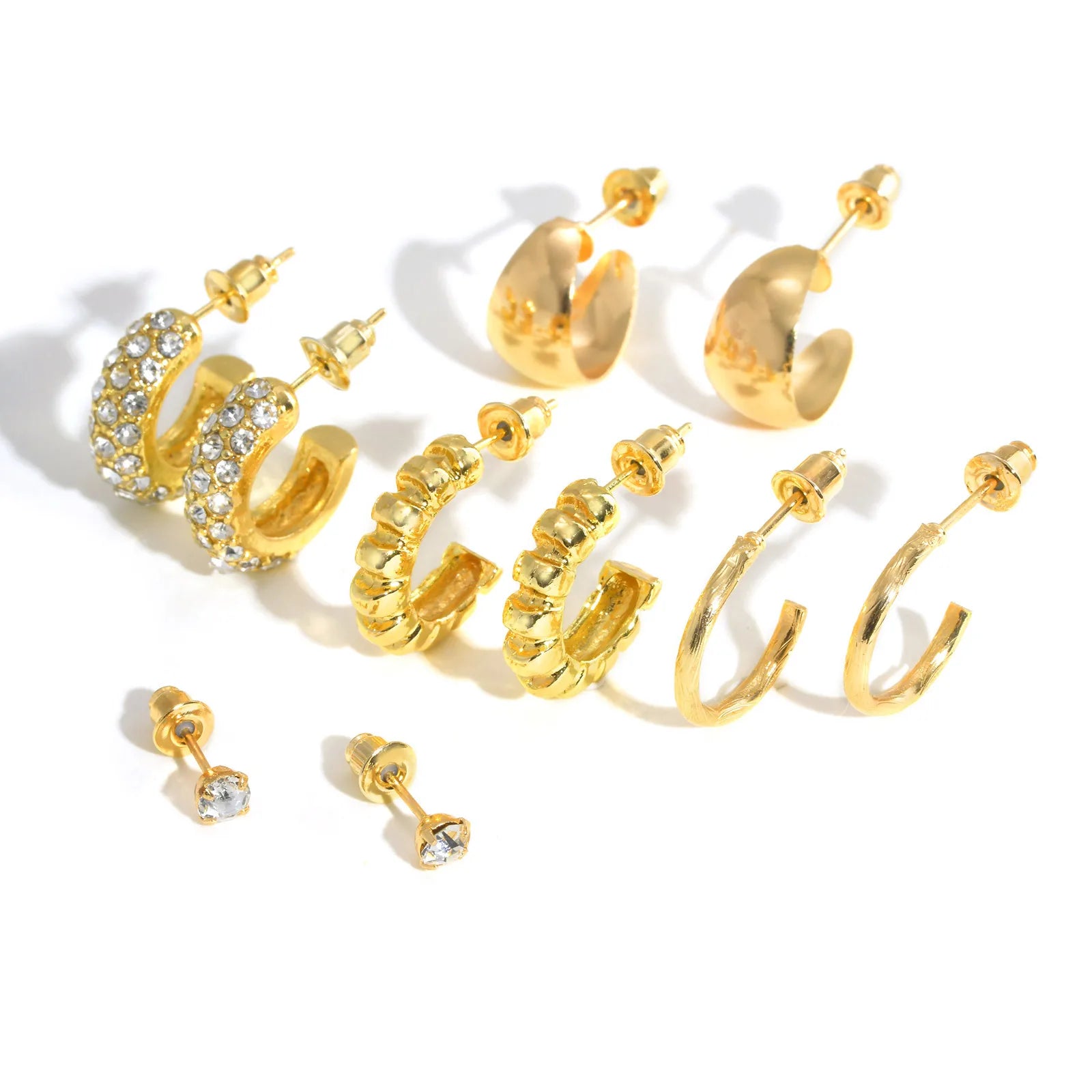Vnox Classic Gold Plated 10/6-piece Set Women Earrings Cubic Zirconia Smooth C-shaped Hoop Earrings Fashion Female Jewelry Set