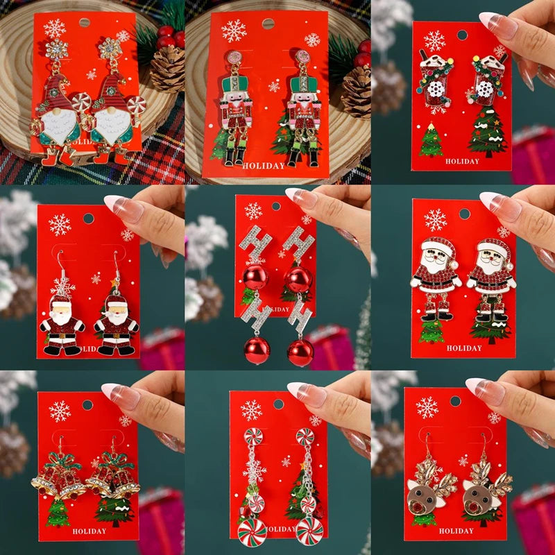 Christmas Drop Earrings For Women Shiny Rhinestone Santa Claus Xmas Tree Snowman Elk Snowflake Long Tassel Dangle Earring Gifts