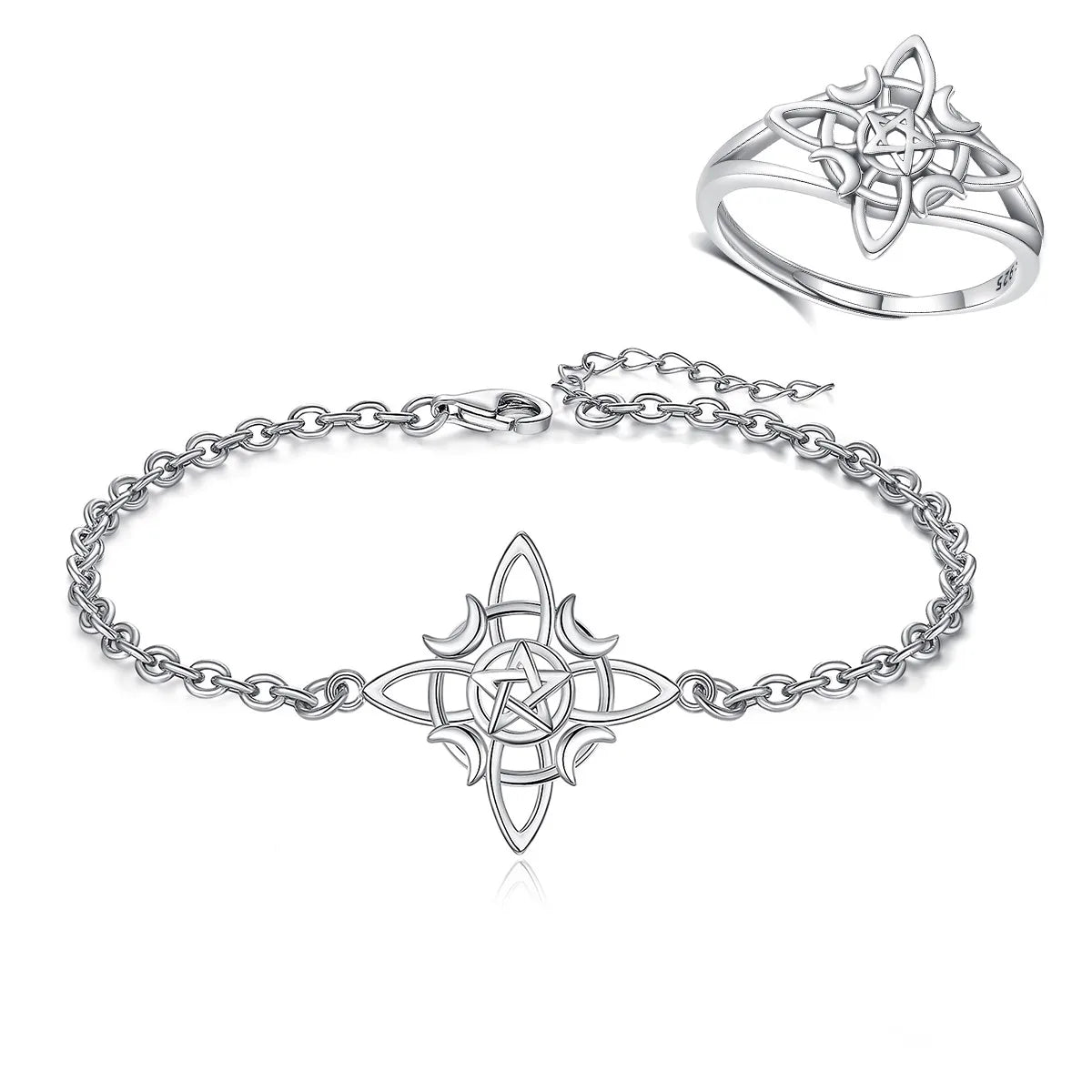 Eudora 925 Sterling Silber Hexenknoten Schmuckset Mond Wicca Amulett Halskette Armband Ohrringe &amp; Ring Feines Geschenk für Frauen