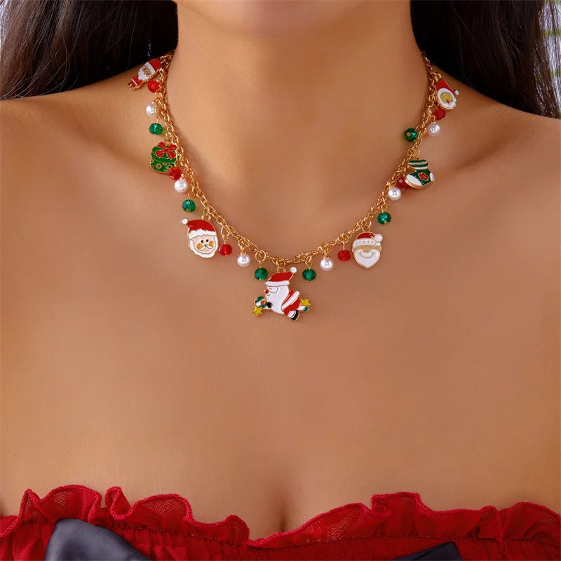 Fashion Christmas Metal Chain Necklace For Women Crystal Zircon Elk Santa Claus Snowman Bell Xmas Tree Pendant Choker Jewelry