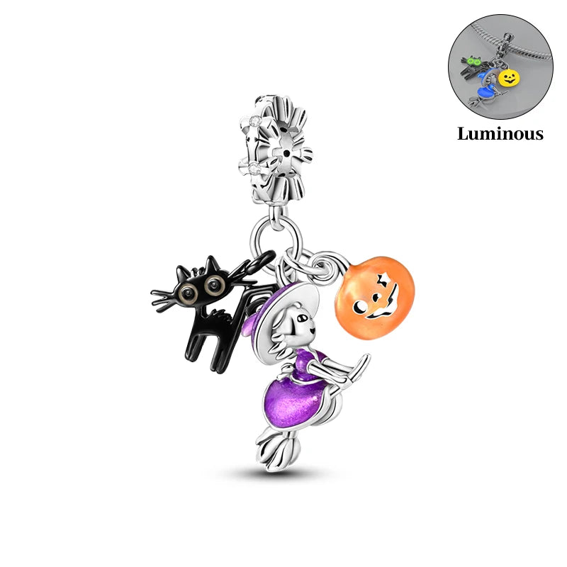 2024 New 925 Sterling Luminous Halloween Skull Witch Pumpkin Candy Charms Beads Fit 3mm Original Bracelets DIY Party Jewelry