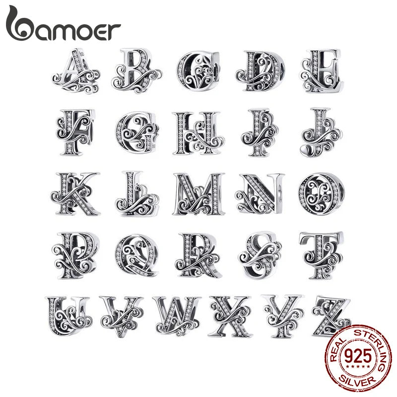 BAMOER Klassischer Buchstabe-Vintage-Charm aus 925er Sterlingsilber von A bis Z, 26 Buchstaben-Charms, durchbrochene CZ-Alphabet-Perlen, passend für Bettelarmbänder BSC030