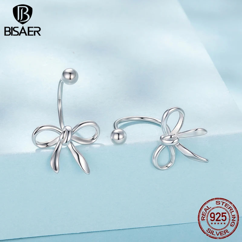 BISAER 925 Sterling Silver Bowknot Stud Earrings,Lightweight Hypoallergenic Plated White Gold for Women Party Fine Jewelry Gift