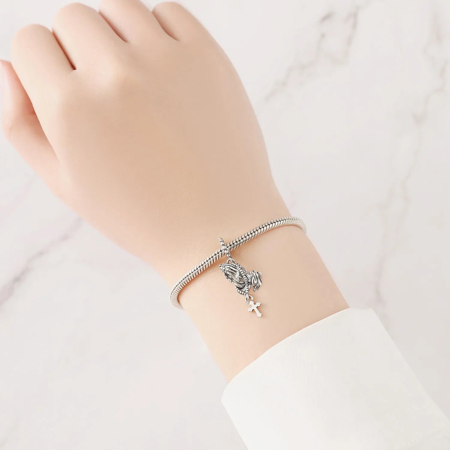 PANPOKI 925 Sterling Silver Prayer Hand Pendant Beads Fit Women Bracelets Charms DIY Birthday Party Gifts Jewelry Accessory