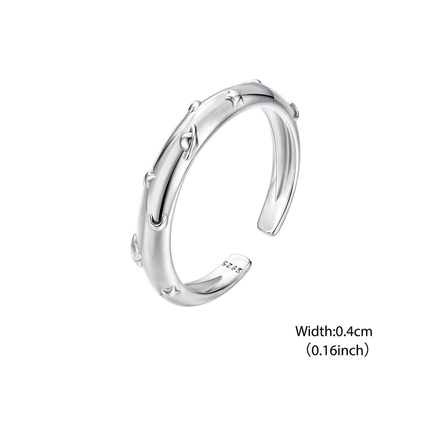 Bamoer 3D Punk Planet Open Ring Oxidized Moon & Star Stacking Finger Ring for Women Minimalist Party Gift 925 Sterling Silver