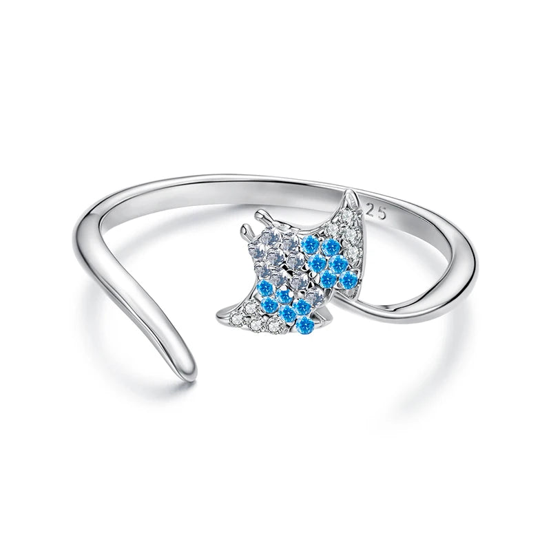 WOSTU Ocean Jewelry 925 Sterling Silver Starfish Turtle Open Ring Women Blue Conch Manta Fish Stackable Rings Holiday Beach Wear