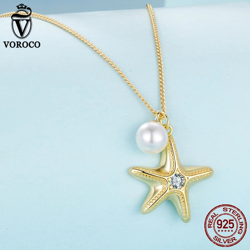 BISAER 925 Sterling Silver Starfish Pearl Pendant Adjustable Chain Plated 14K Gold for Woman Party Summer Beach Fine Jewelry