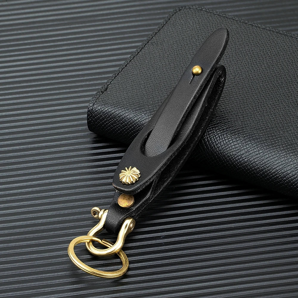 MKENDN Handmade Vegetable Tanned Cowhide Keychain for Men Women Simple Car Key Pendant Brass Horseshoe Buckle Waist Hanging