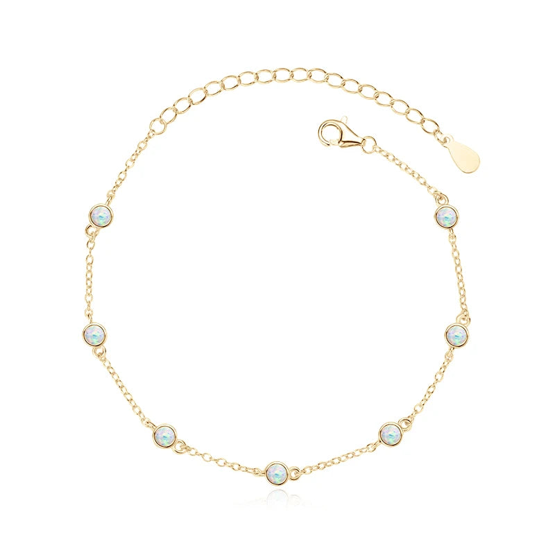 Round Fashion Bracelets White Opal Bezel Set for Women 925 Sterling Silver Adjustable Ladies Bracelet 3mm Girls Jewelry Gift