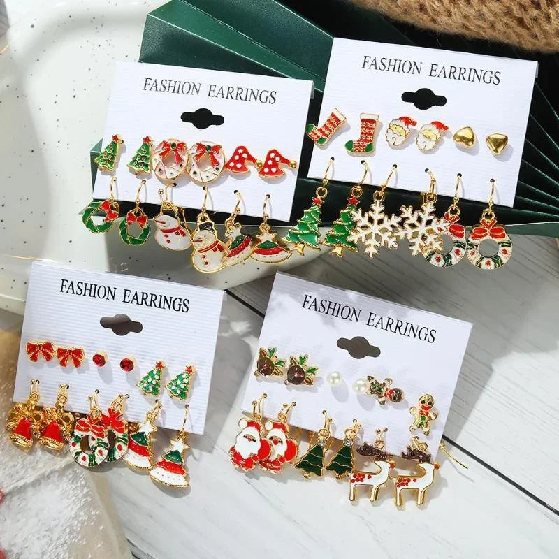 Fashion Cartoon Christmas Earring Set Female Snowflake Tree Snowman Bell Earring Fashion Christmas Ball Earring Jewelry Gifts