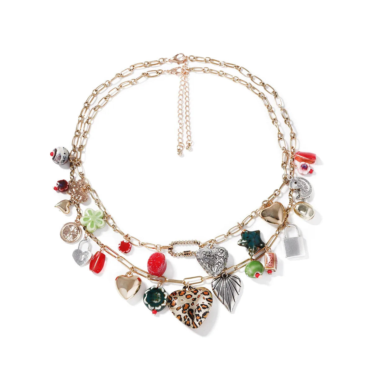 ZAA Vintage Double-layer Heart-shaped Lock Tassel Pendant Necklace Jewelry