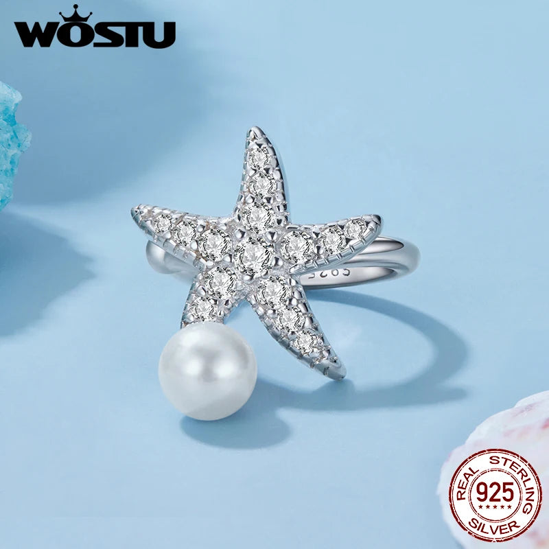 WOSTU 925 Sterling Silver Starfish Mermaid Ear Cuff Clip Earrings For Women Fashion Jewelry CQE842