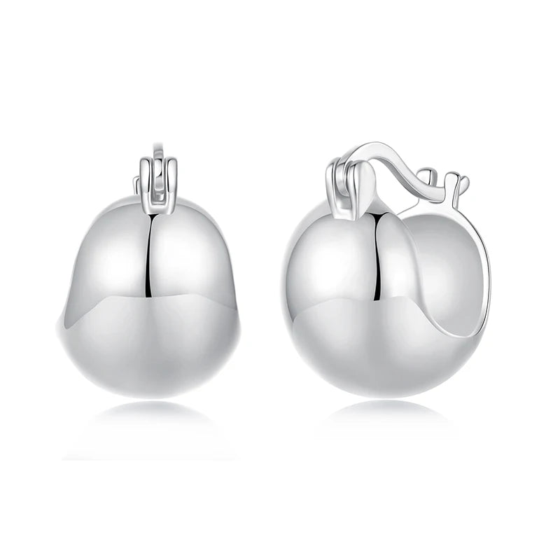 BAMOER White Gold Plated Post Glossy Ball Hoop Earrings, High Polished Chunky Hollow Sphere for Women 925 Sterling Silver Gift