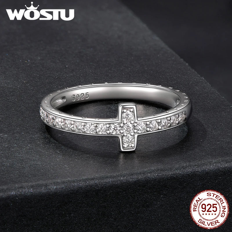 WOSTU Full Moissanite Cross Style Hoop Earrings Finger Ring For Women 925 Silver Punk Jewelry Huggies Earring Ring Family Gift