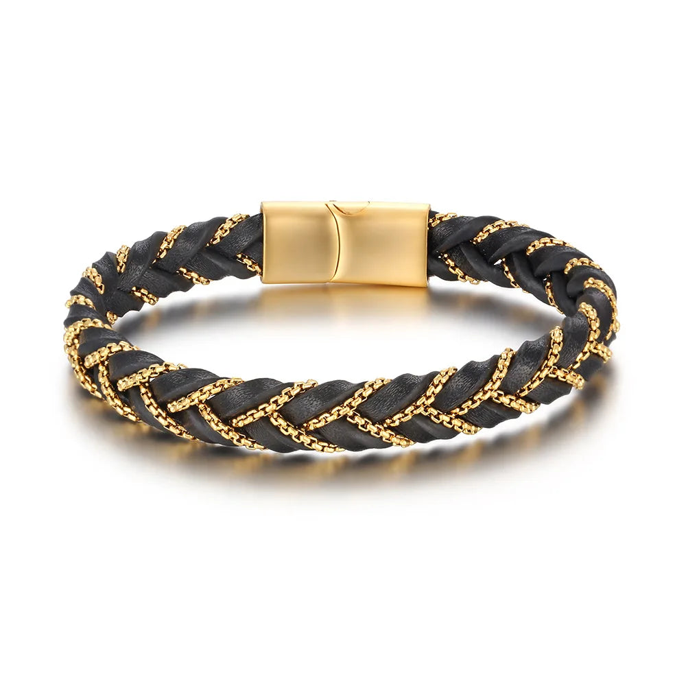 MKENDN Genuine Leather Box Chain Bracelet for Men Matte Black Magnetic Stainless Steel Clasp Exclusive Jewellery Gift Wholesale