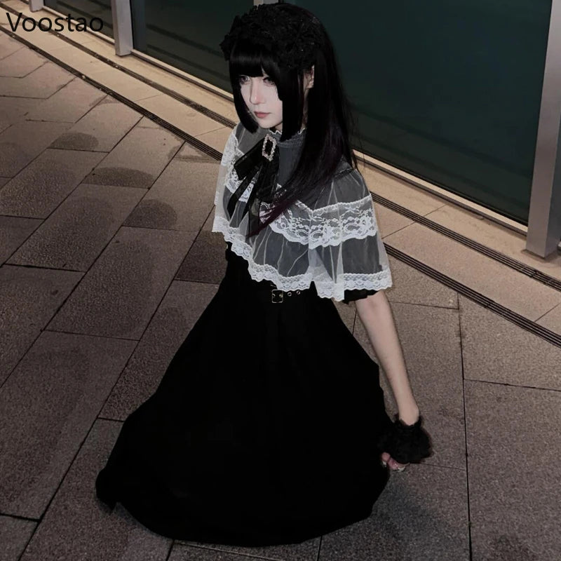 Japanese Style Gothic Y2k Lolita Rhinestone Bow Dress Sweet Women Lace Cape Short Sleeve Slim Party Dresses Elegant Fairy Dress