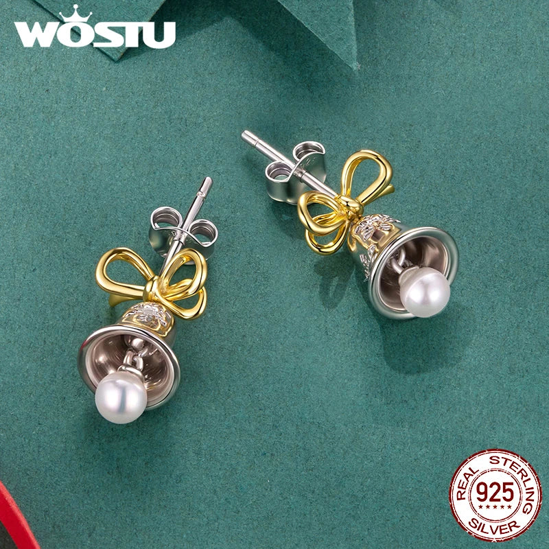 WOSTU Big Christmas Snowflake Bell Earrings, Sterling Silver Bow Pearl Drop Dangle Earrings for Women Holiday Party Ear Jewelry