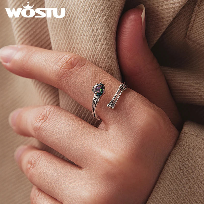 WOSTU 925 Sterling Silver Punk Skull Hand Open Ring With Rainbow Heart Crystal , Vinage Gothic Skeleton Rings Halloween Gift