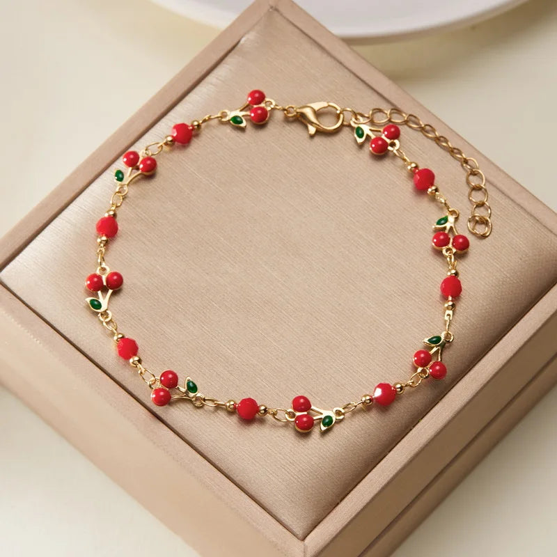 Charm Red Cherry Anklets for Women Vintage Boho Zircon Love Heart Flower Foot Leg Ankle Chain Girls Beach Party Jewelry Gifts