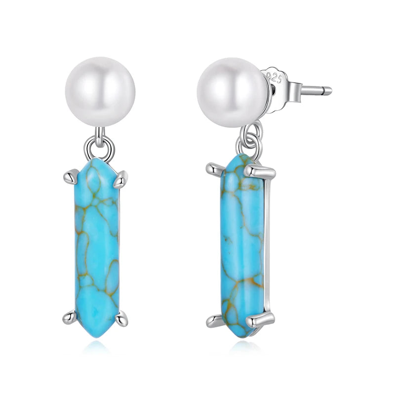 WOSTU 925 Sterling Silver Pearl &Turquoise Drop Dangle Earrings for Women Elegant s925 Silver Party Holiday Jewelry Gift