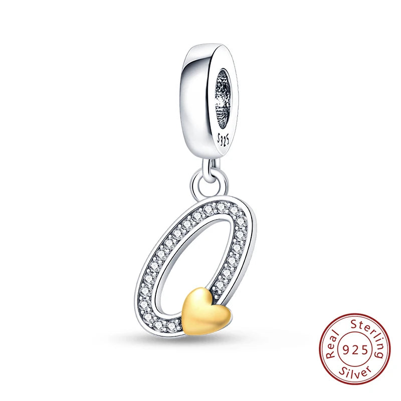 Classic 925 Sterling Silver 26 Gold Color Heart Zircon Letter A-Z Charms Beads Fit Original Bracelets DIY Birthday Jewelry Gift