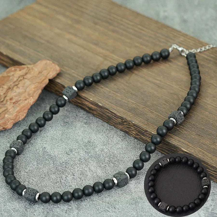Neues 2-teiliges Herren-Schmuckset: 48 cm lange Choker-Halskette, 8 mm großes Armband mit Lava-Onyx-Obsidian-Perlen, Meditations- und Heilschmuck für Herren