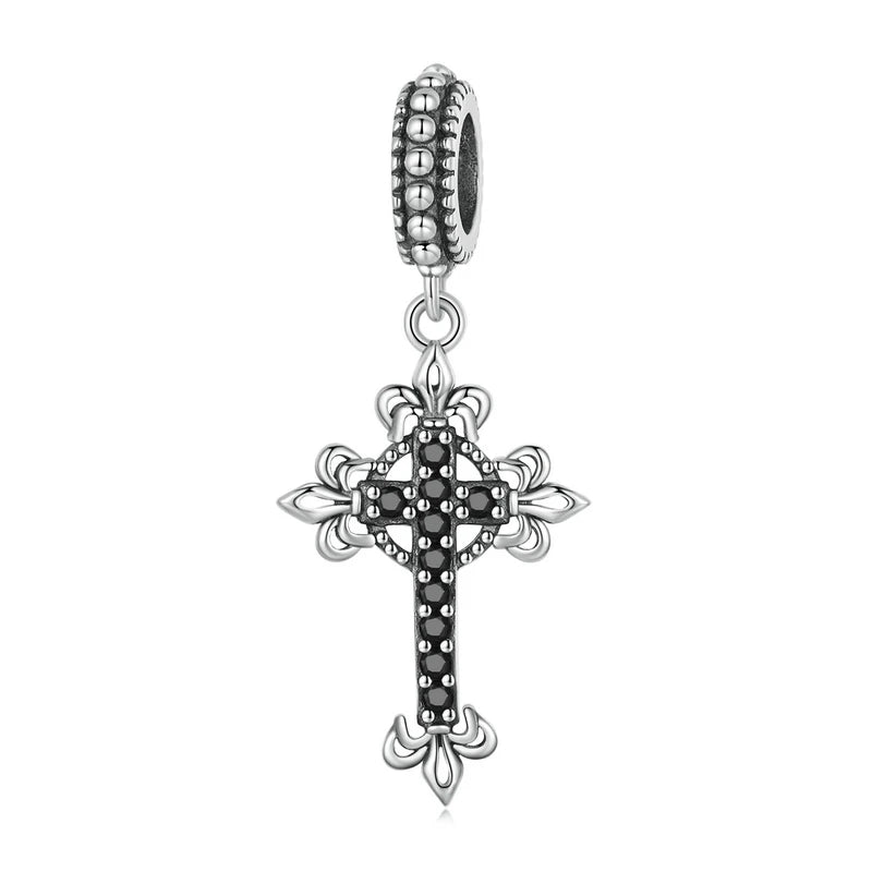 WOSTU 925 Sterling Silver Black Zircon Hollow Cross Charms Pendant Moon Swan Bead Fit Women Bracelet Necklace DIY Jewelry Making