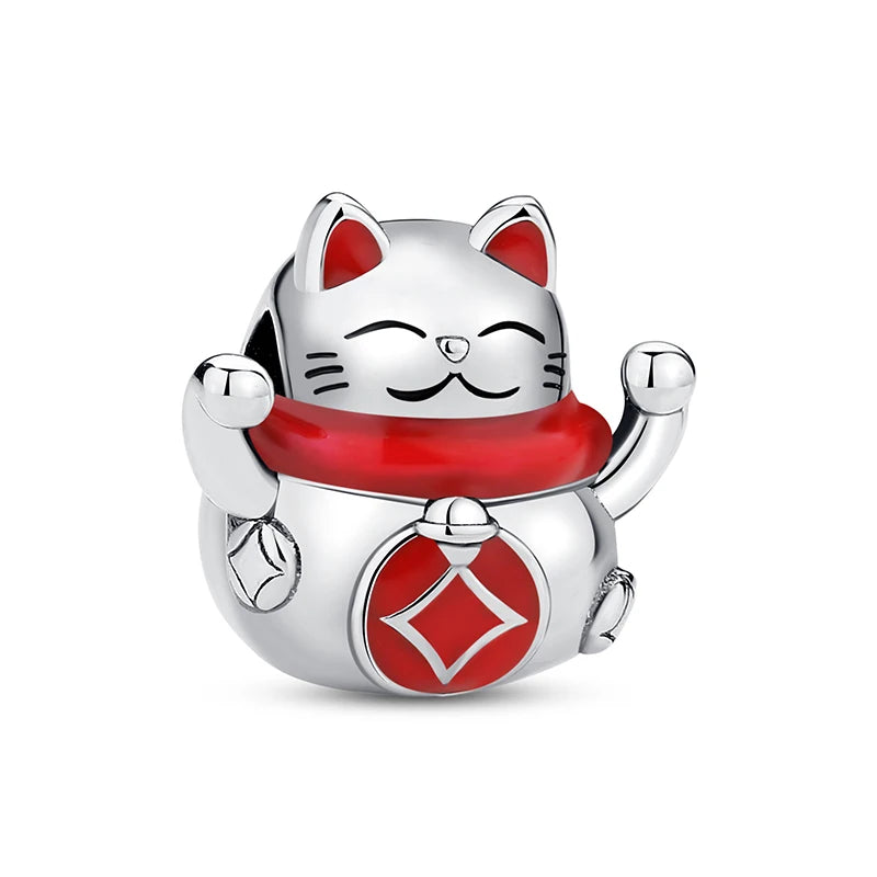 925 Sterling Silver Charms Beads Original Japanese Doll Fortune Cat Charm Fit Brand Bracelets Bangles DIY Jewelry For Women