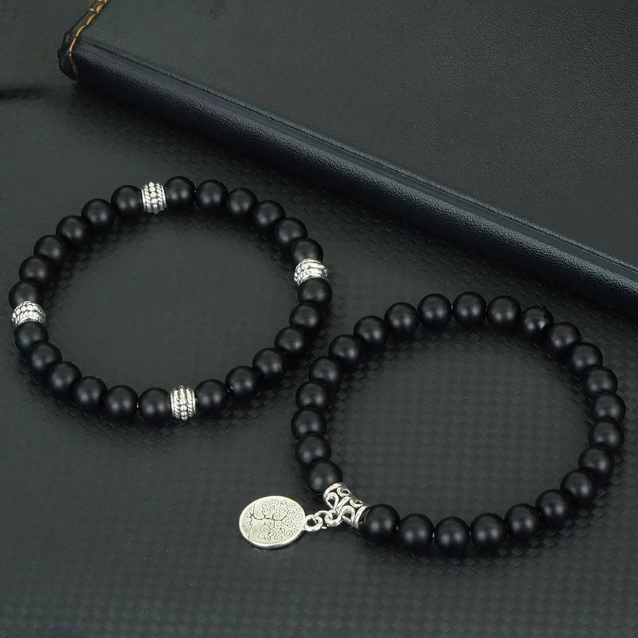 Handmade 2Pcs Men Bracelet Set Tree Of Life Braslet 8mm Lava Howlite Stone Strand Braclet Yoga Meditation Healing Jewelry Homme