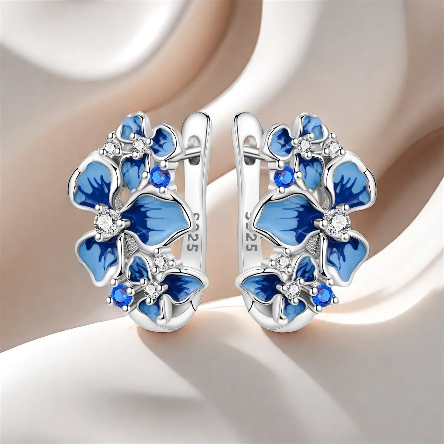 PANPOKI Original 925 Sterling Silver Blue Iris Flower Earrings Women Hoop Earring Anniversary Jewelry Trendy Gifts