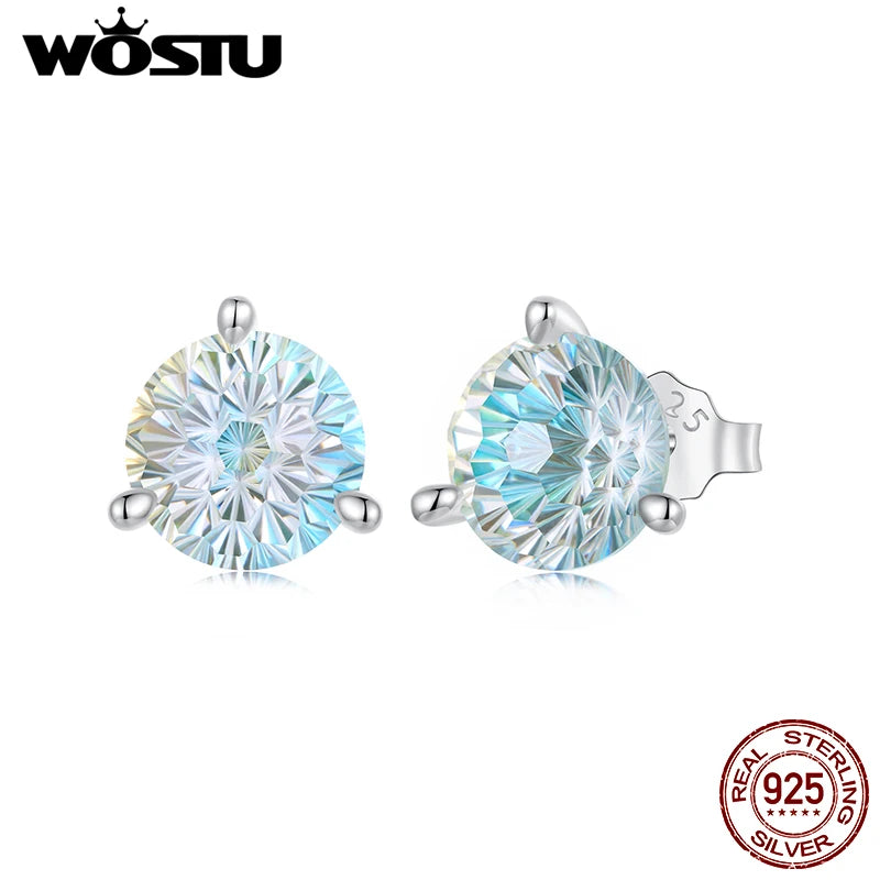 WOSTU 925 Silver 2CT Firework Zircon Stud Earrings For Women, Rainbow Blue Jewelry Gift Classical Round Ear Studs Wedding Gif