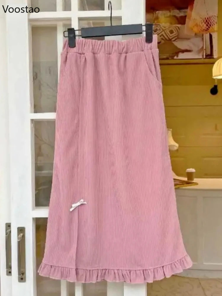 Spring Autumn Japanese Sweet Pink Ruffles Split Skirt Women Korean Cute Y2K Party Midi Skirts Female Elegant Corduroy Skirts