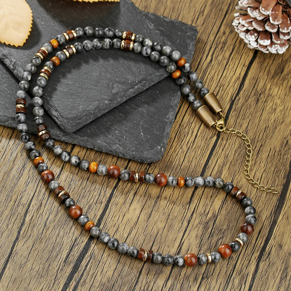 1PC INGX Men's Ethnic Style Africa Stone Necklace for Men Hippie Bohemia Long Beaded Necklace Man Tribal Jewelry Collar Hombre
