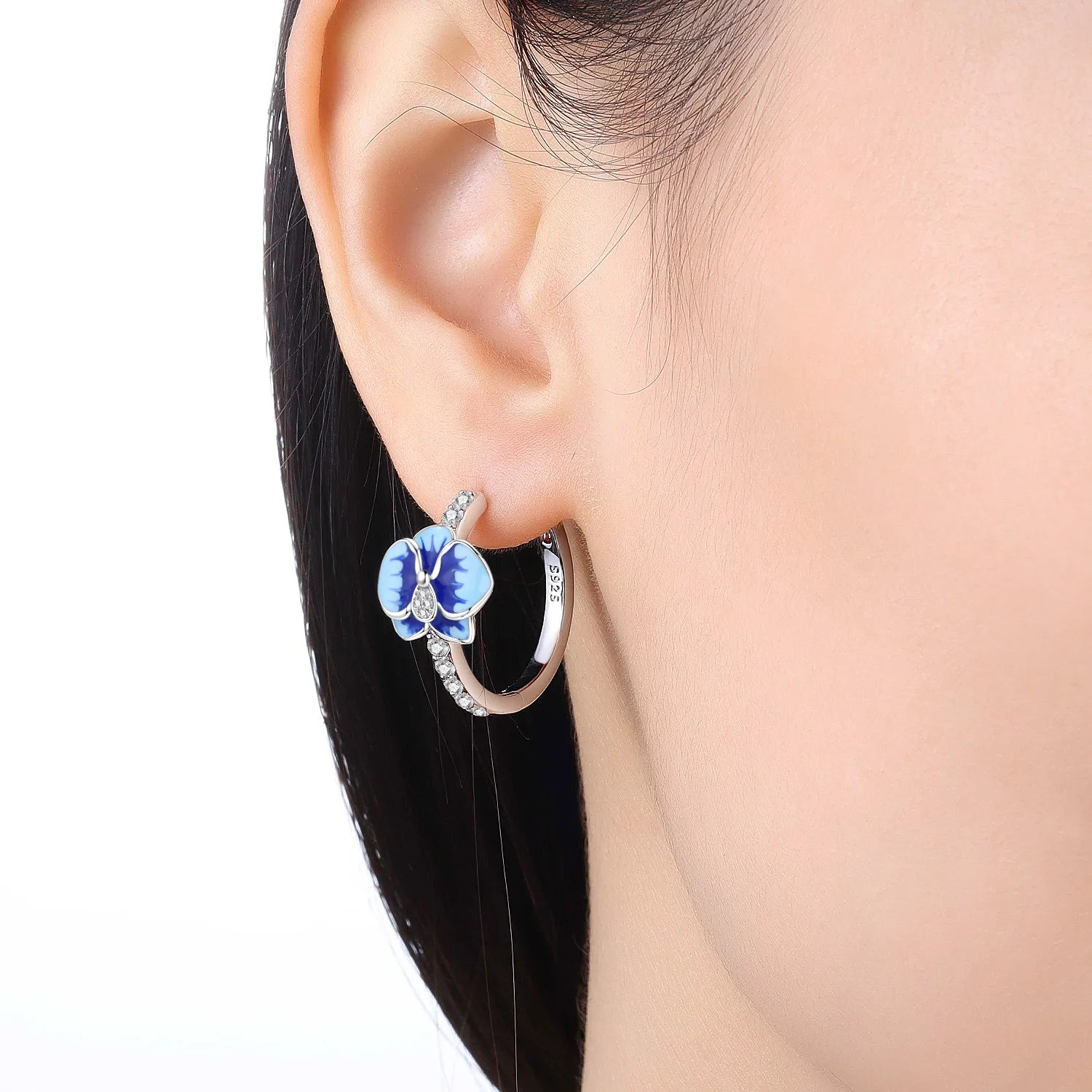 PANPOKI S925 Sterling Silver Blue Flower Earrings Versatile Hoop Earrings For Women Jewelry Original Party Gifts