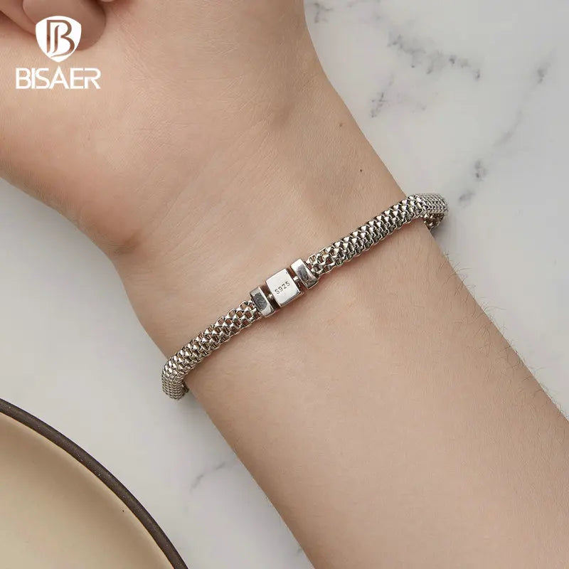 Bracelet à boucle carrée classique BISAER 100 % argent sterling 925 à maillons de chaîne tressés rétro pour femmes, bijoux fins plaqués platine