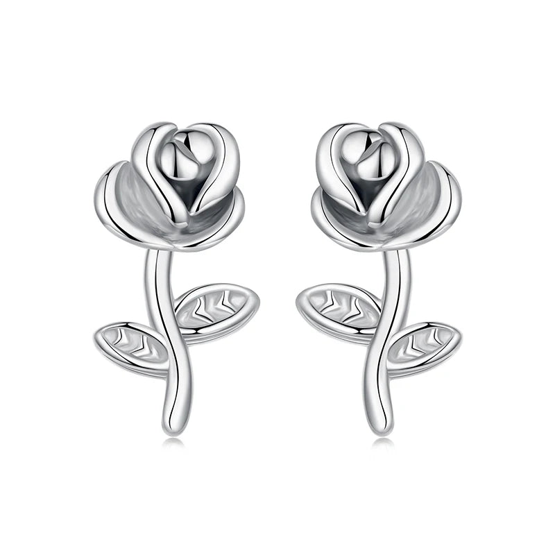 BAMOER 925 Sterling Silver Rose Flower Stud Earrings For Women,Plated White Plant Butterfly Themed Vintage Piercing Earrings